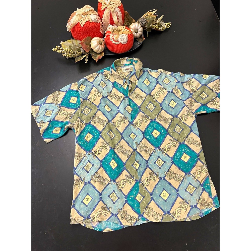 Campia Moda Vintage 90s Tan Blue Dragon Diamond Short Sleeve Button Up Shirt XL